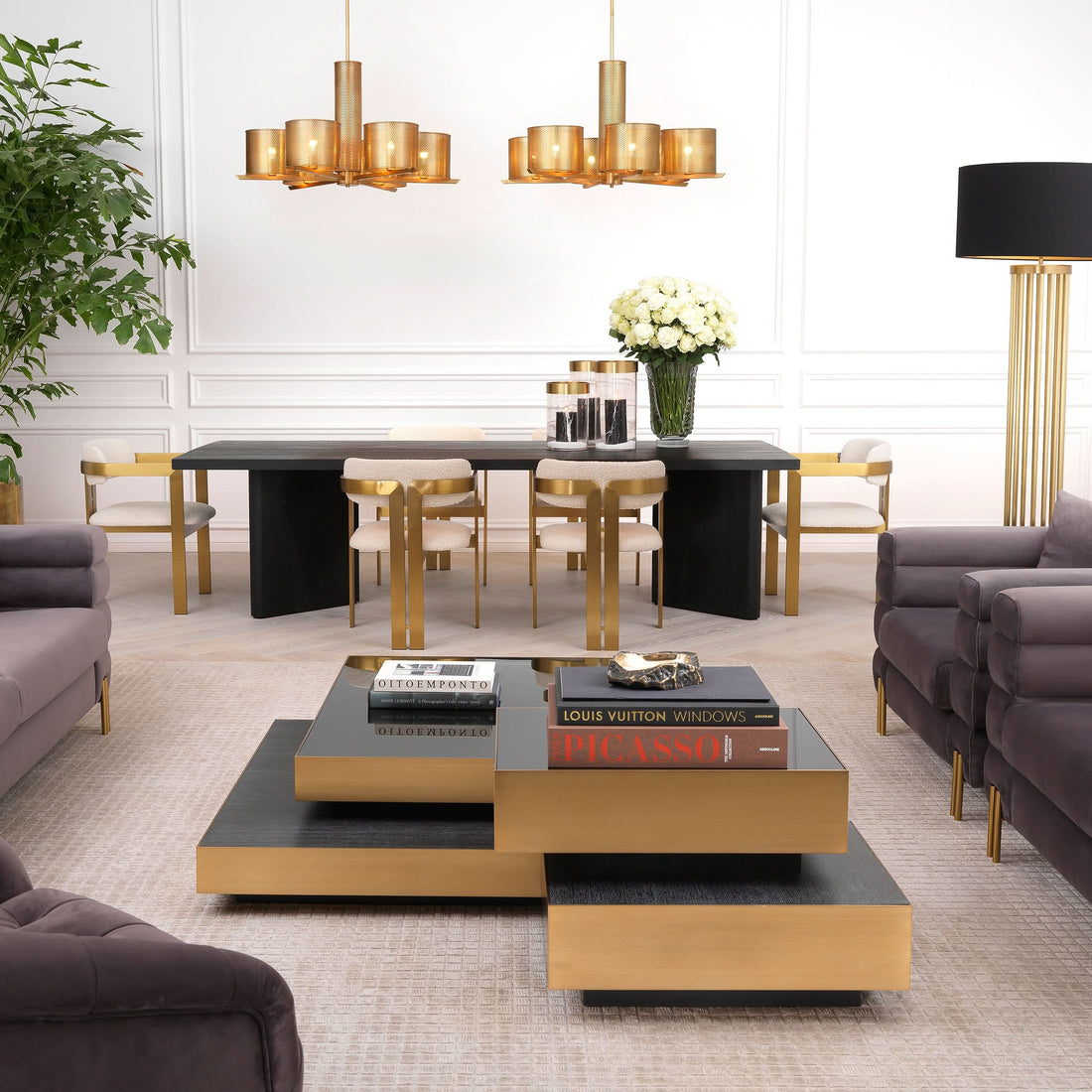 Eichholtz Couchtisch Shelton – Gebürstetes Messing | Schwarzes Glas | Eichenfurnier Anthrazitgrau Couchtisch eckig Eichholtz