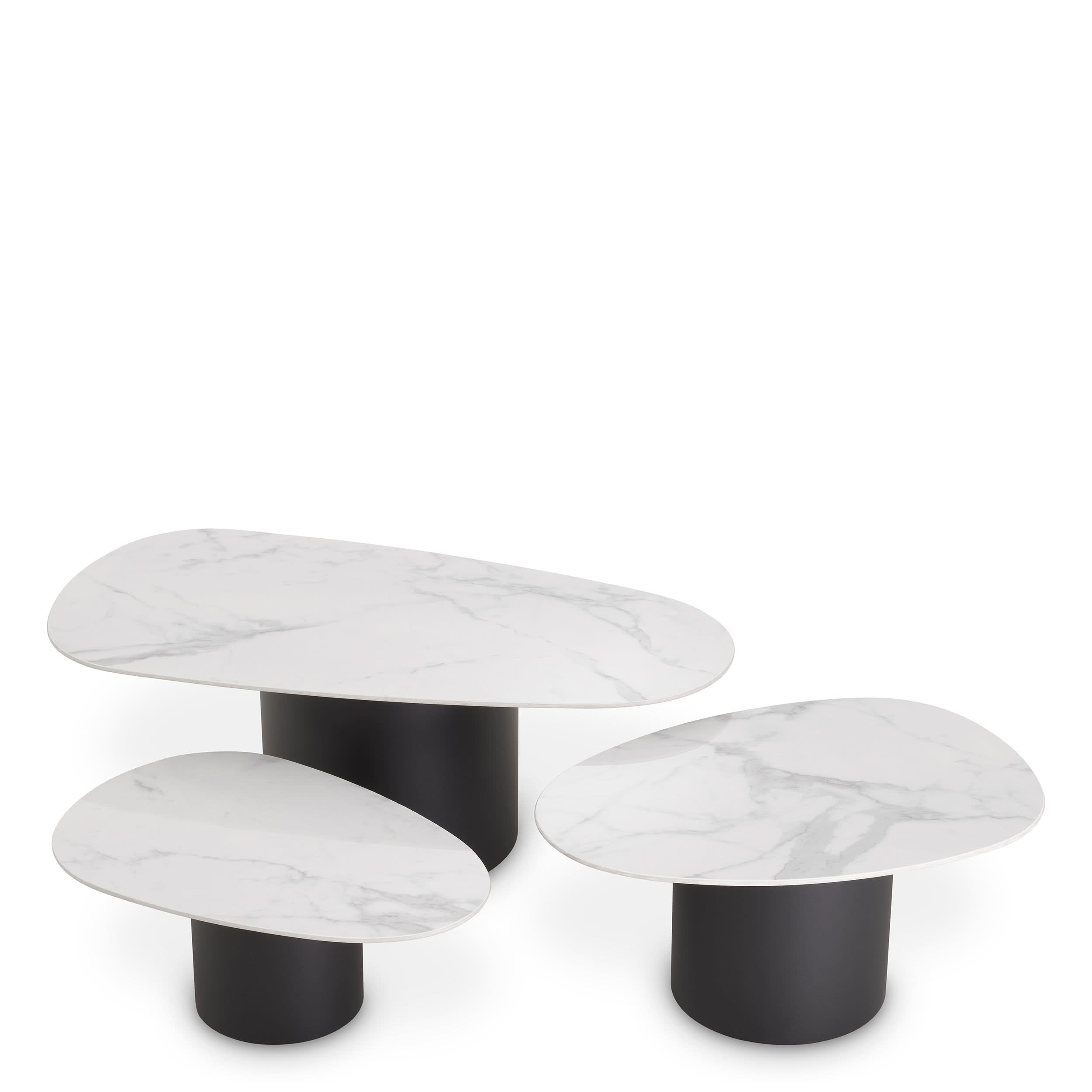 Eichholtz Couchtisch Zane – 3er-Set – Schwarz mit Keramik in Marmor-Optik 3er-Set Couchtisch Eichholtz