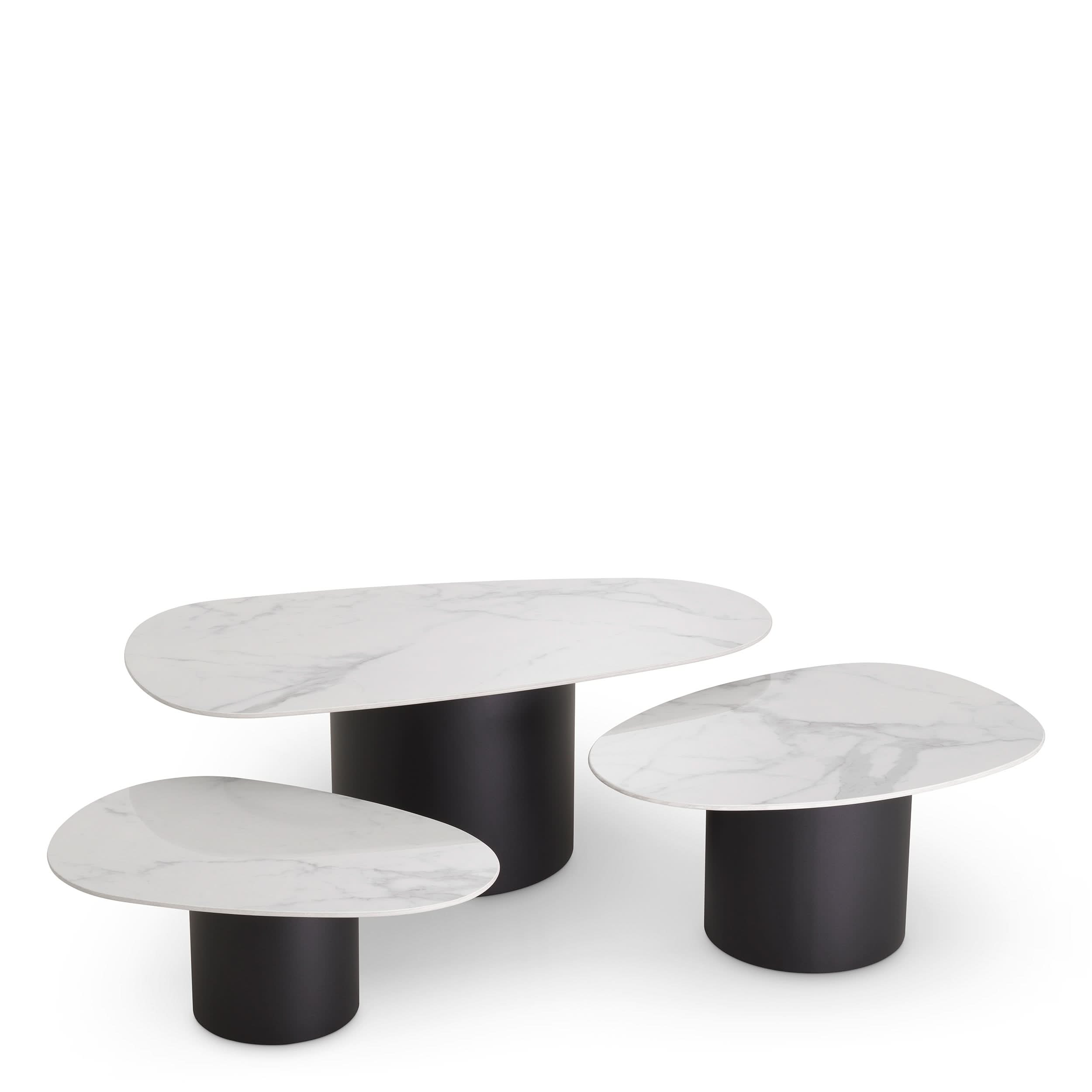 Eichholtz Couchtisch Zane – 3er-Set – Schwarz mit Keramik in Marmor-Optik 3er-Set Couchtisch Eichholtz