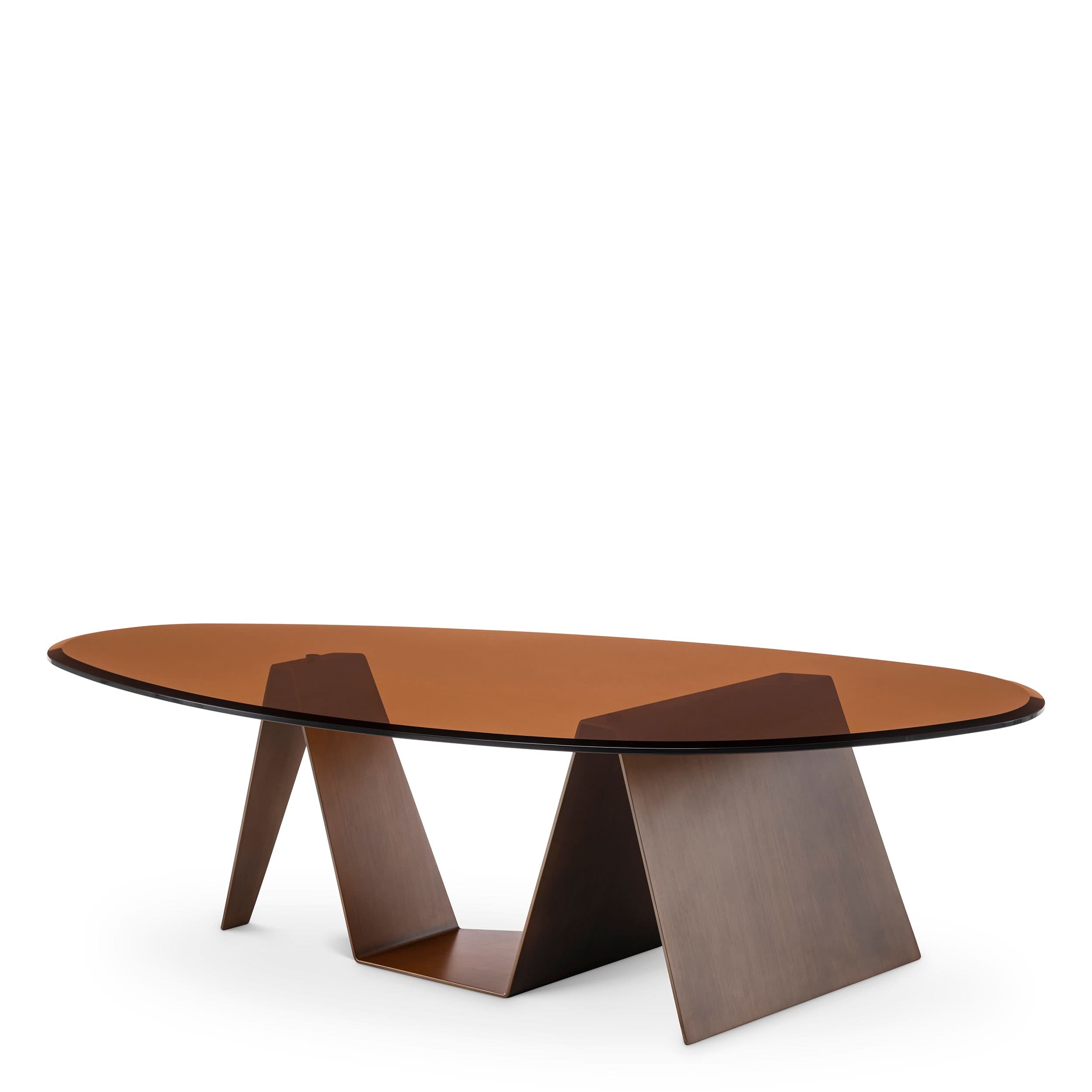 Eichholtz Couchtisch Lavello – Dunkel gebürstetes Messing | Facettiertes braunes Glas Couchtisch oval Eichholtz