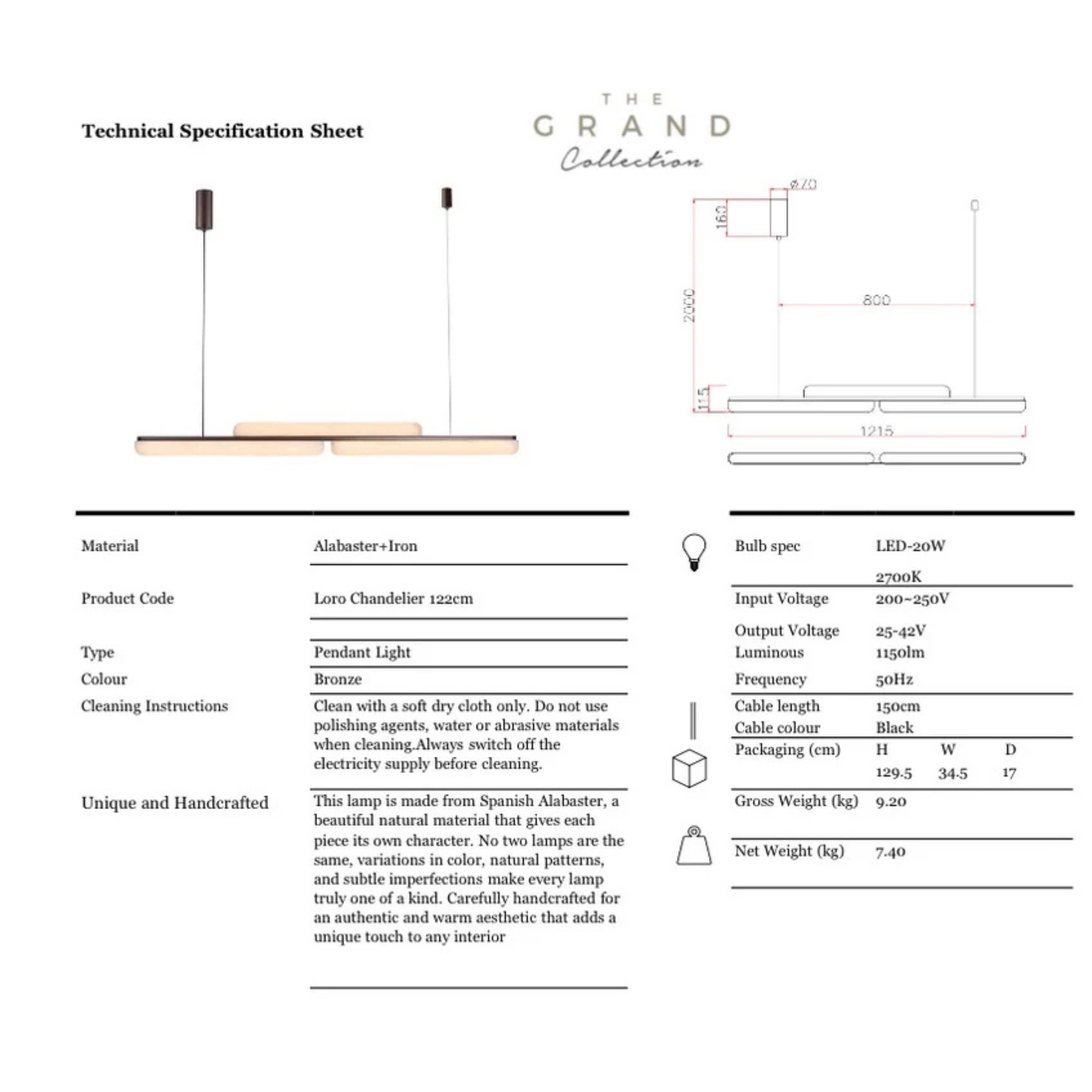 The Grand Collection Kronleuchter Loro – Bronze-Finish | Alabaster | Linear & Elegant Pendelleuchte The Grand Collection