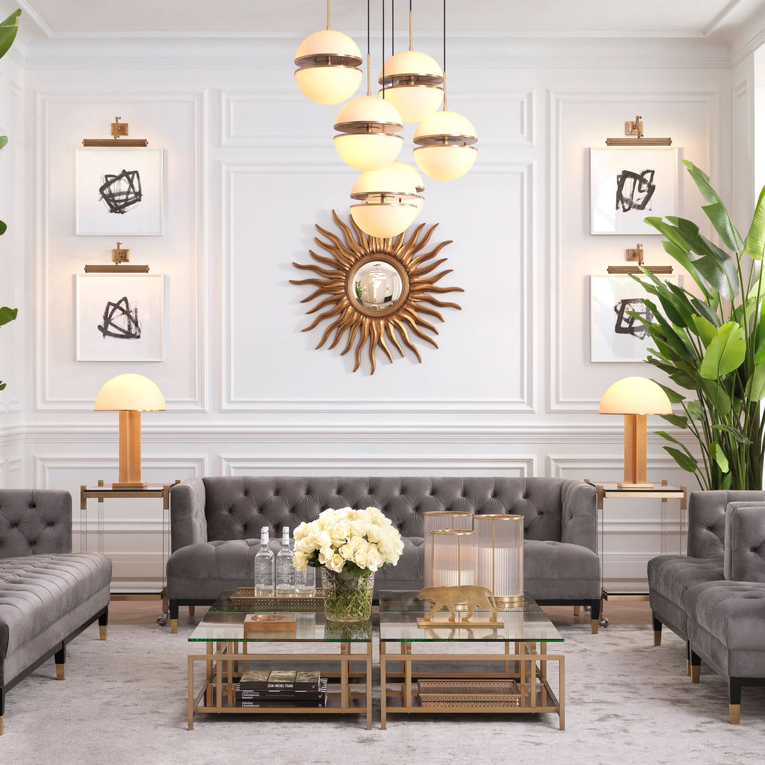 Eichholtz Hängeleuchte Spiridon Single – Antik-Messing-Finish | Weißes Glas Pendelleuchte Eichholtz