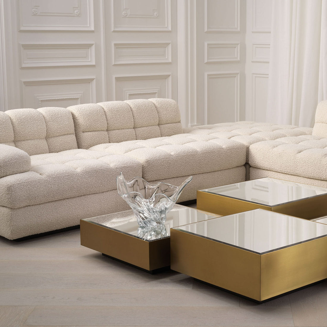 Eichholtz Modulsofa Dean rechts – Bouclé Creme | Schwarzer Sockel Modulsofa Eichholtz