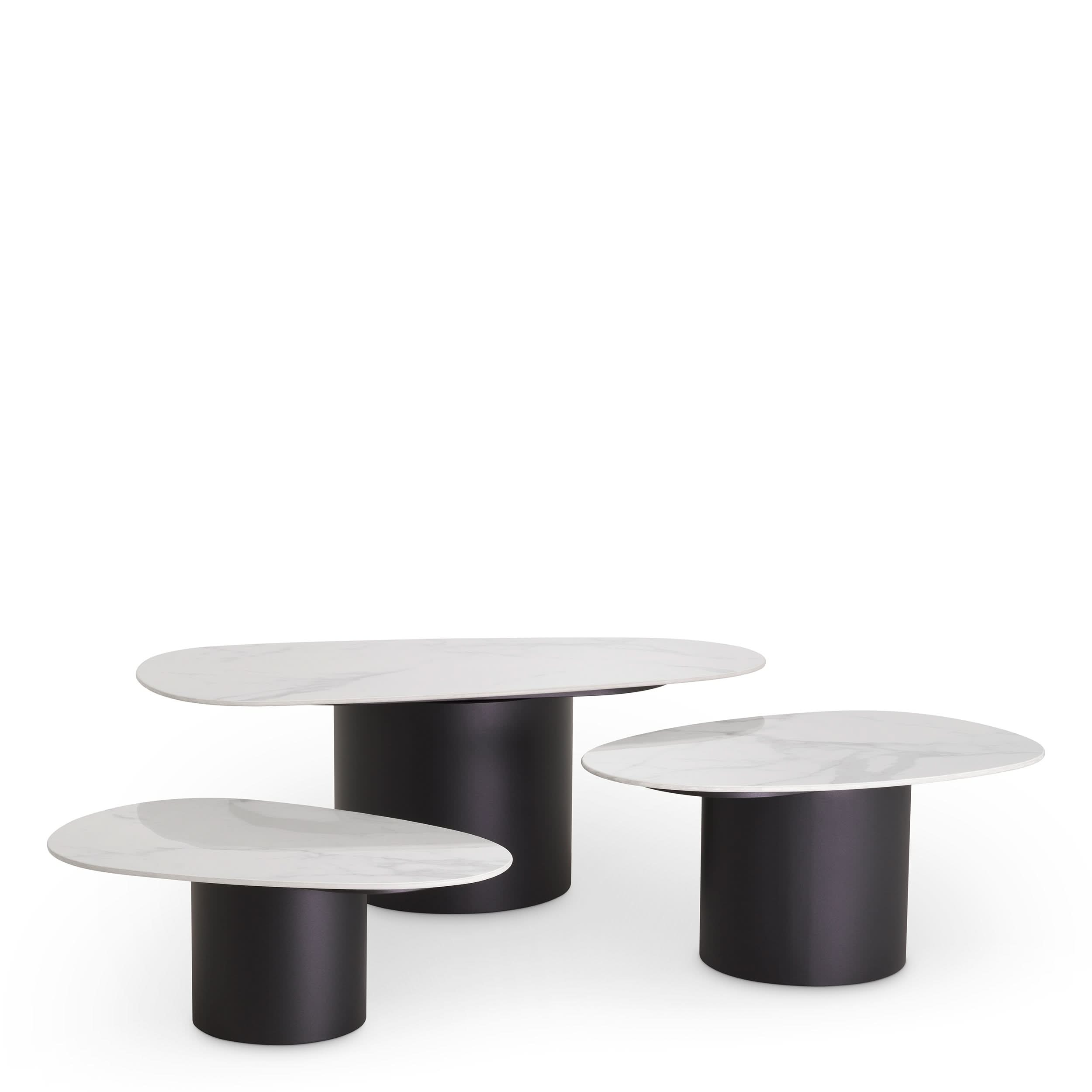 Eichholtz Couchtisch Zane – 3er-Set – Schwarz mit Keramik in Marmor-Optik 3er-Set Couchtisch Eichholtz