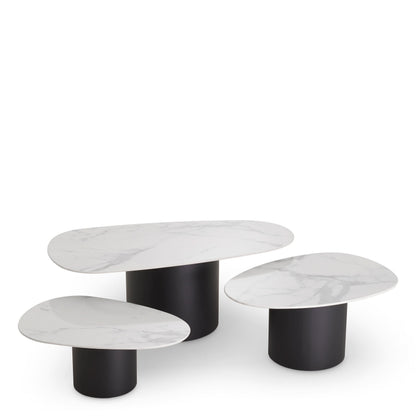 Eichholtz Couchtisch Zane – 3er-Set – Schwarz mit Keramik in Marmor-Optik 3er-Set Couchtisch Eichholtz