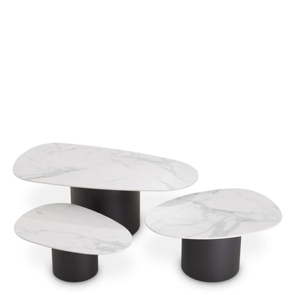 Eichholtz Couchtisch Zane – 3er-Set – Schwarz mit Keramik in Marmor-Optik 3er-Set Couchtisch Eichholtz
