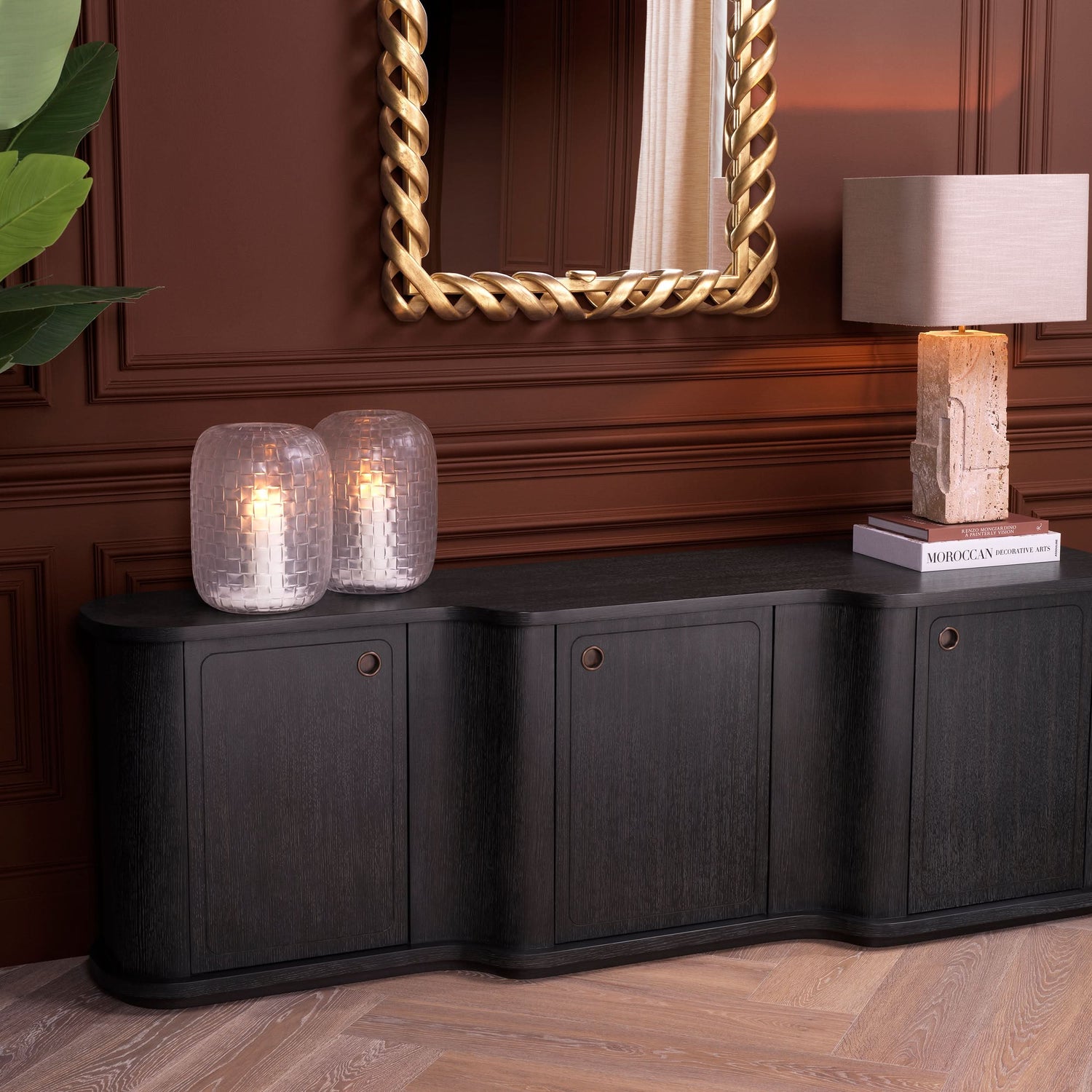 Eichholtz Kommode Caprioli – Eichenfurnier Anthrazitgrau mit Bronzeakzenten Sideboard Eichholtz