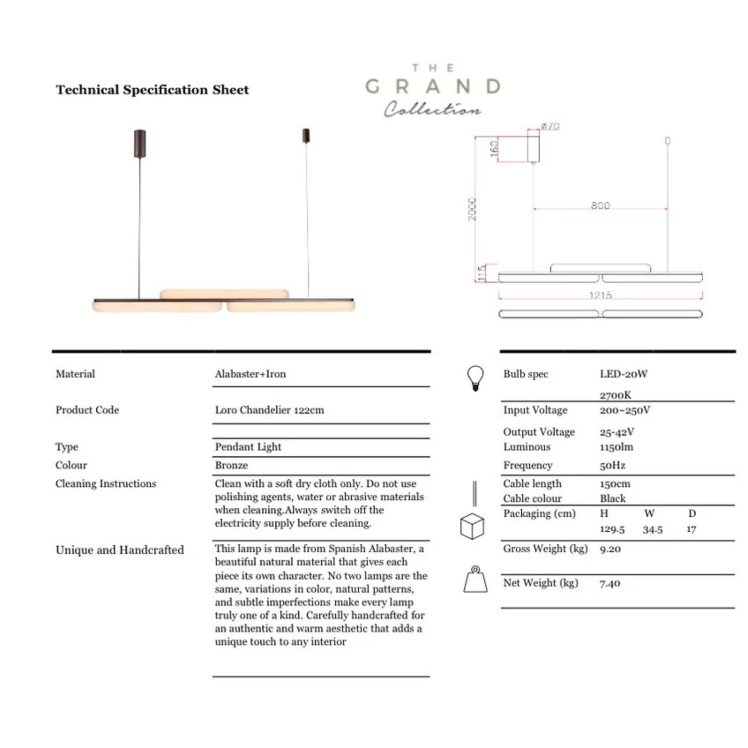 The Grand Collection Kronleuchter Loro – Bronze-Finish | Alabaster | Linear &amp; Elegant Pendelleuchte The Grand Collection