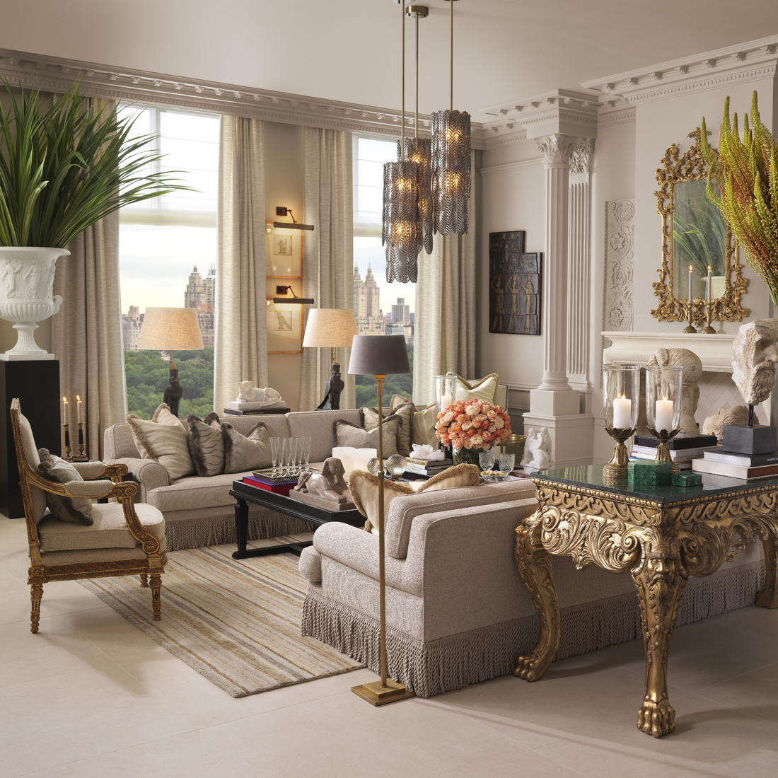 Eichholtz Stehleuchte Tryon – Gebürstetes Messing | Grauer Samtschirm Stehlampe Eichholtz