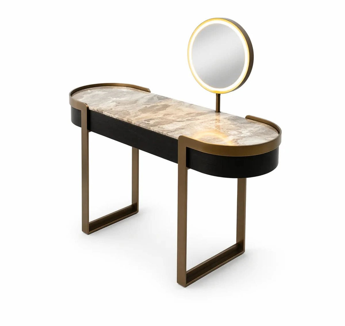 The Grand Collection Schminktisch Monroe – Bronze | Schwarzes Holz | Spiegel mit Beleuchtung Schminktisch The Grand Collection