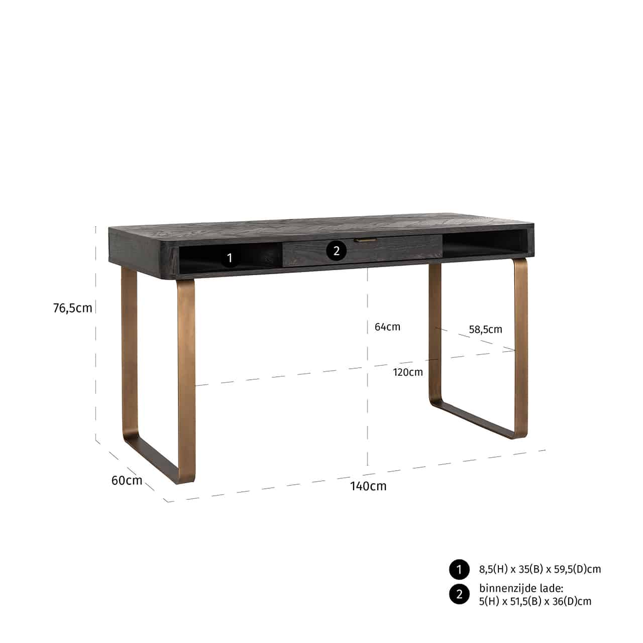 Richmond Interiors Schreibtisch Blackbone Messing 1-Schublade schwarz rustikal Schreibtisch Richmond Interiors